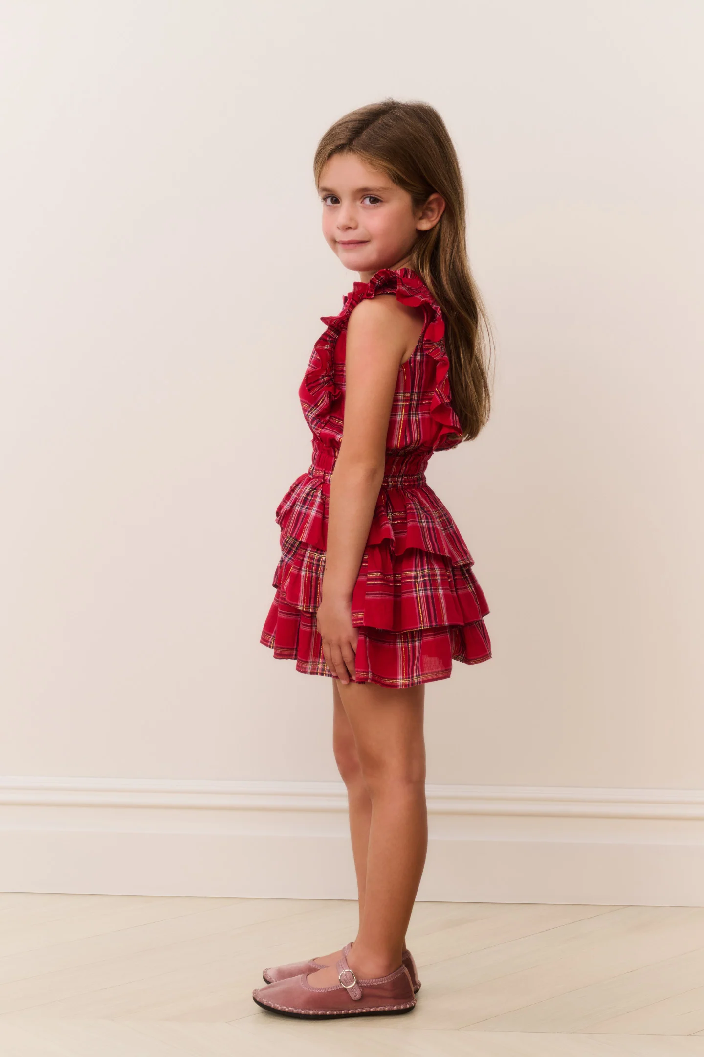 Mädchen Decker Baumwoll-Tartan-Rüschenkleid