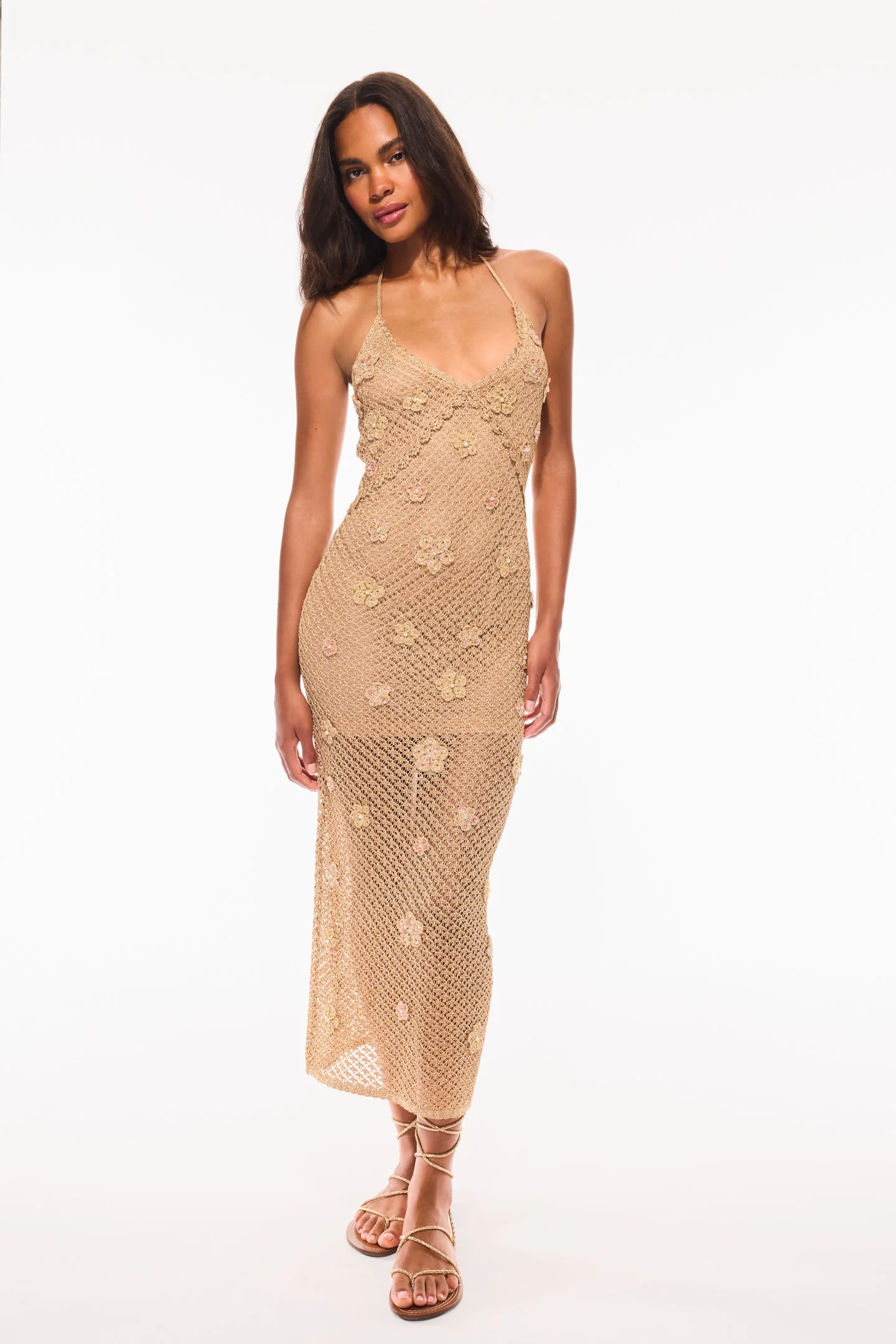 Vreya Metallic Crochet Halterkleid