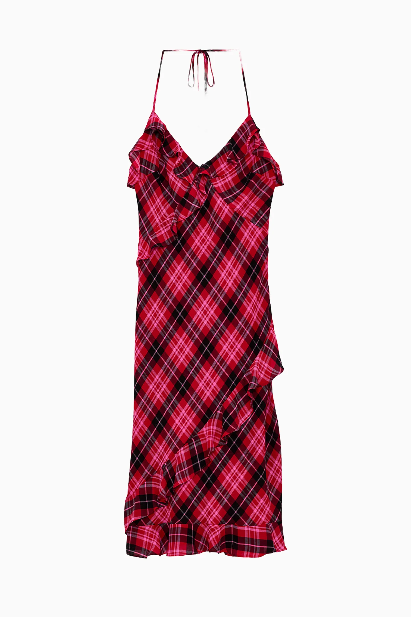 PINK x LoveShackFancy bedrucktes Chiffon-Fließrock-Rüschen-Midi-Kleid