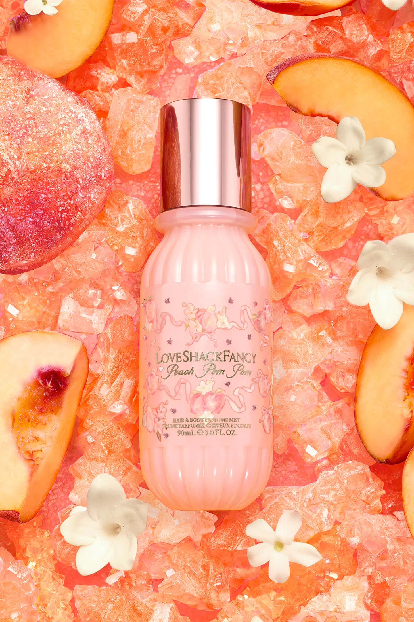 Mini-Pfirsich-Pom-Pom-Haar- und Körperduftspray mit kandierten Pfirsich und kristallisiertem Zucker