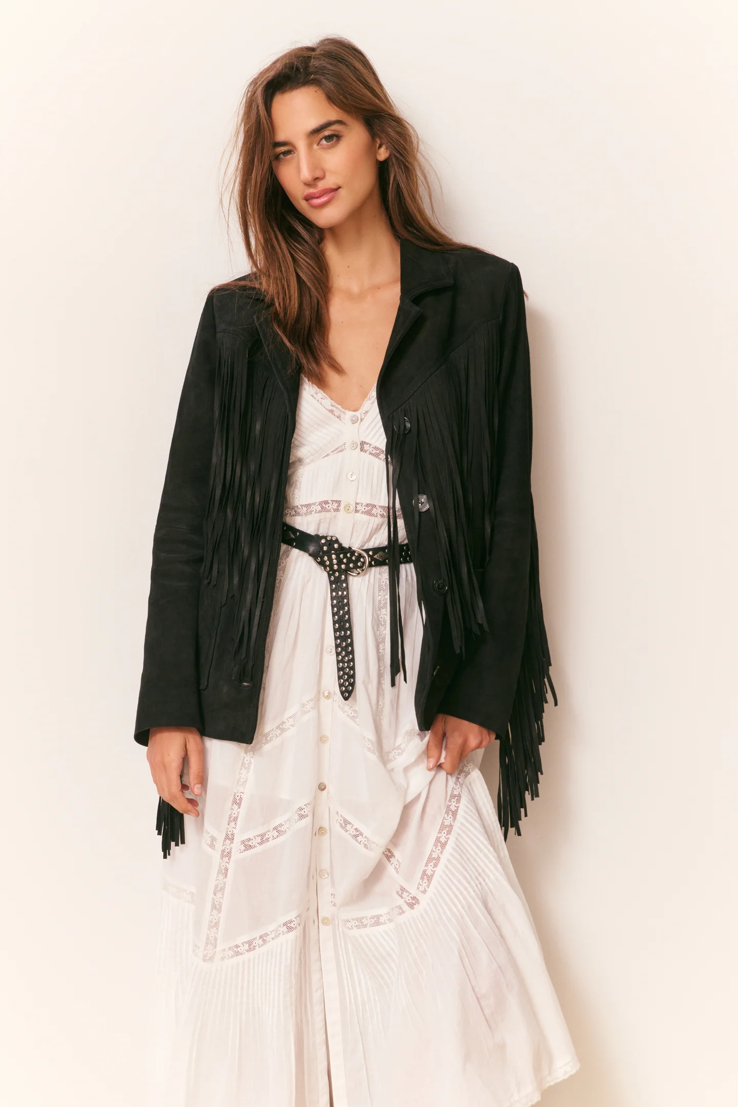 Geraline Schwarze Wildleder-Fringe-Jacke