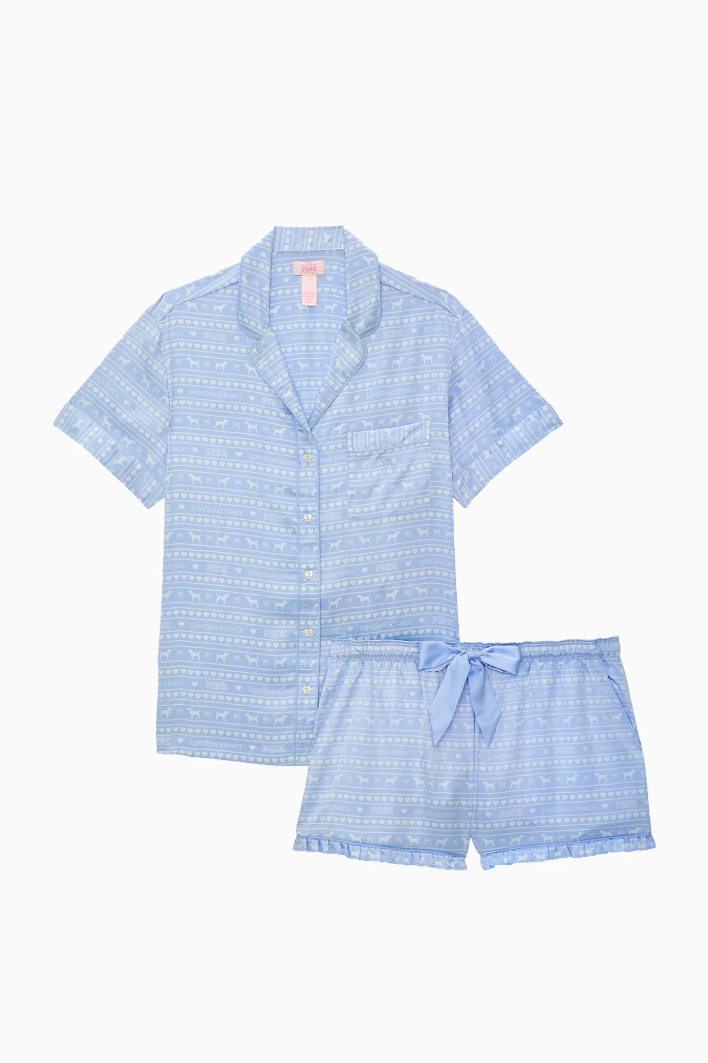 PINK x LoveShackFancy Satin-Pyjama-Set mit kurzen Ärmeln und Boxershorts