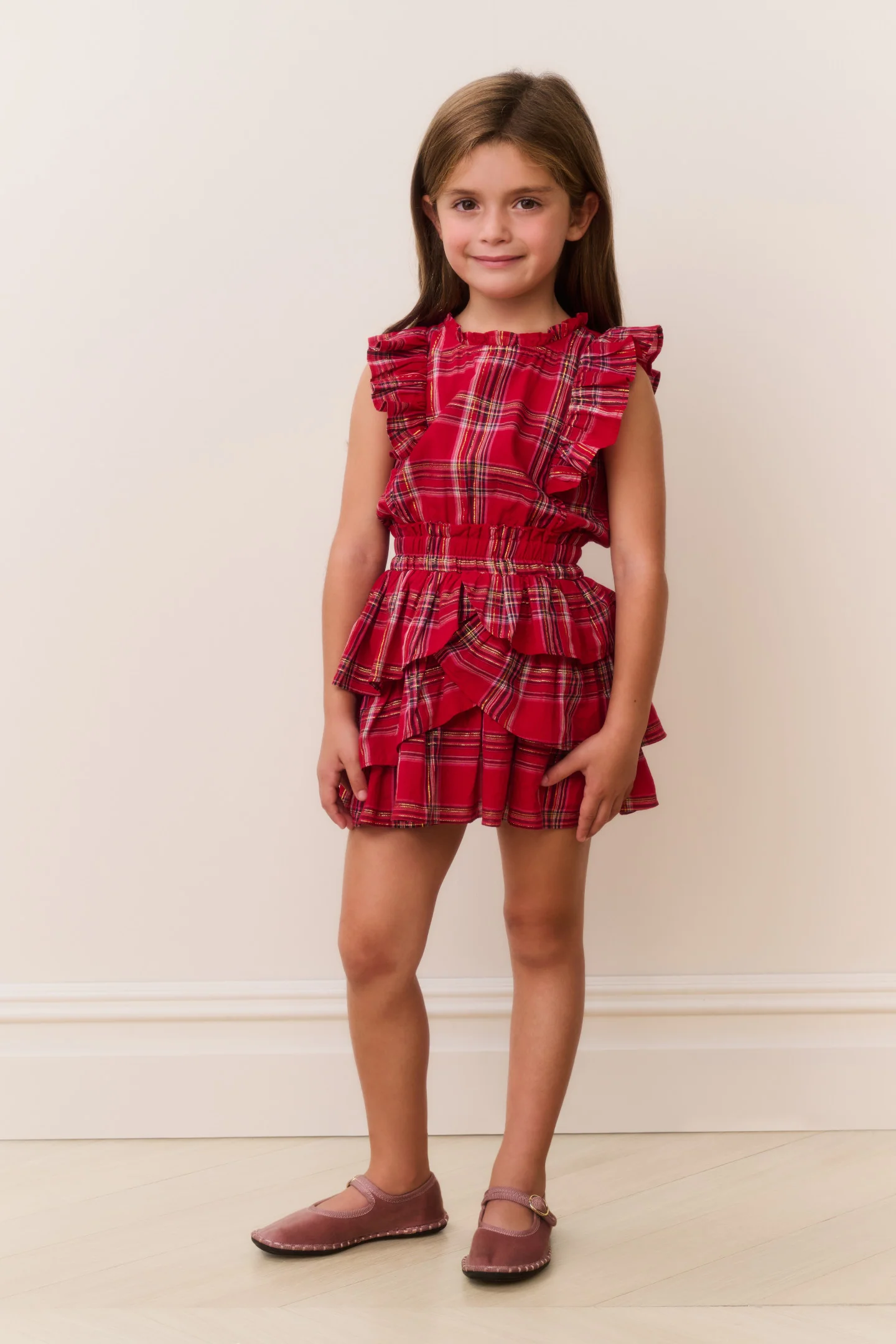 Mädchen Decker Baumwoll-Tartan-Rüschenkleid