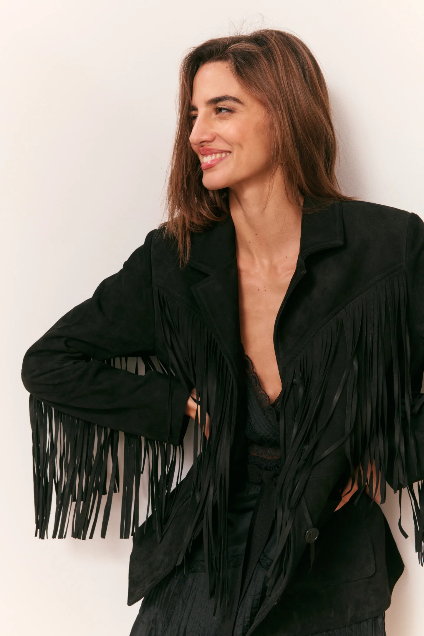 Geraline Schwarze Wildleder-Fringe-Jacke