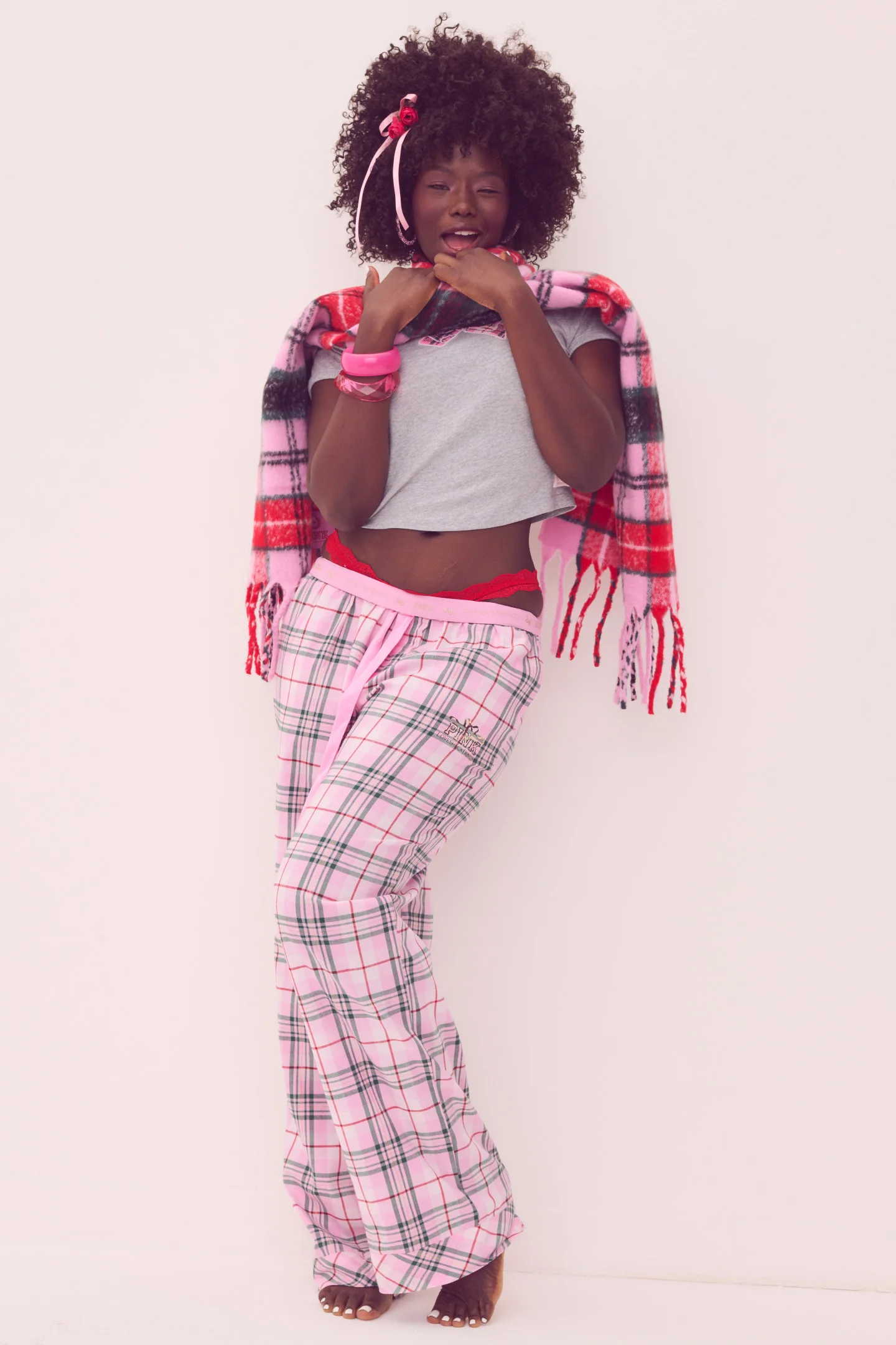 PINK x LoveShackFancy Pink Lurex-Streifen-Flanell-Pyjama-Hose