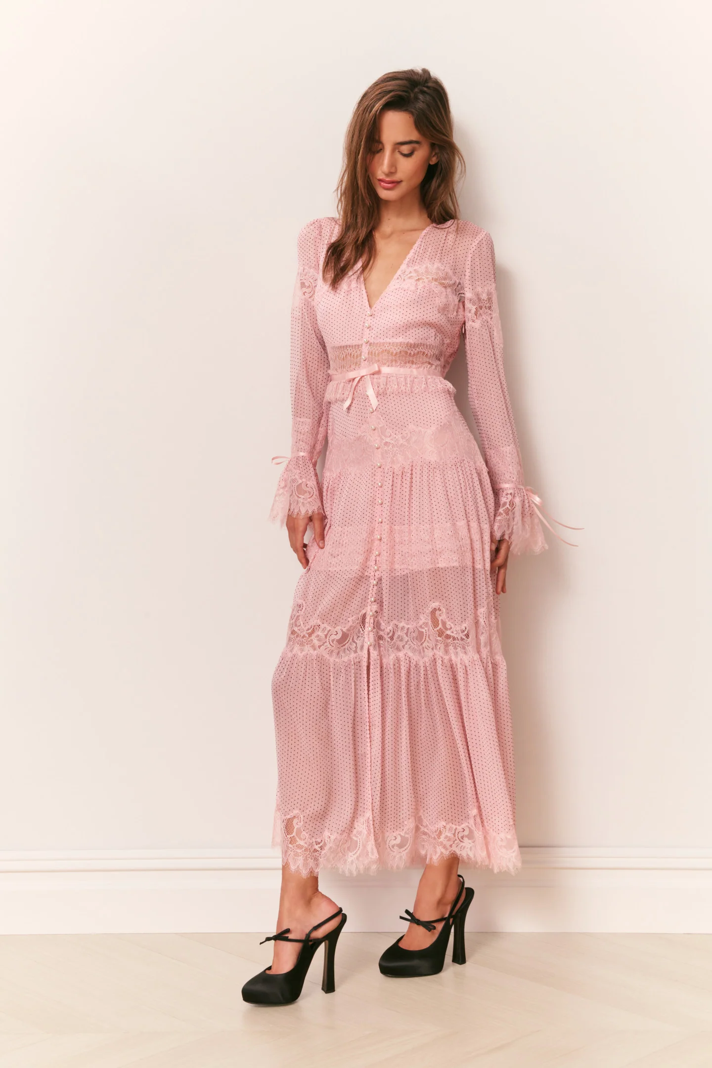 Marinetta Maxikleid mit Punktmuster und Spitzenbesatz